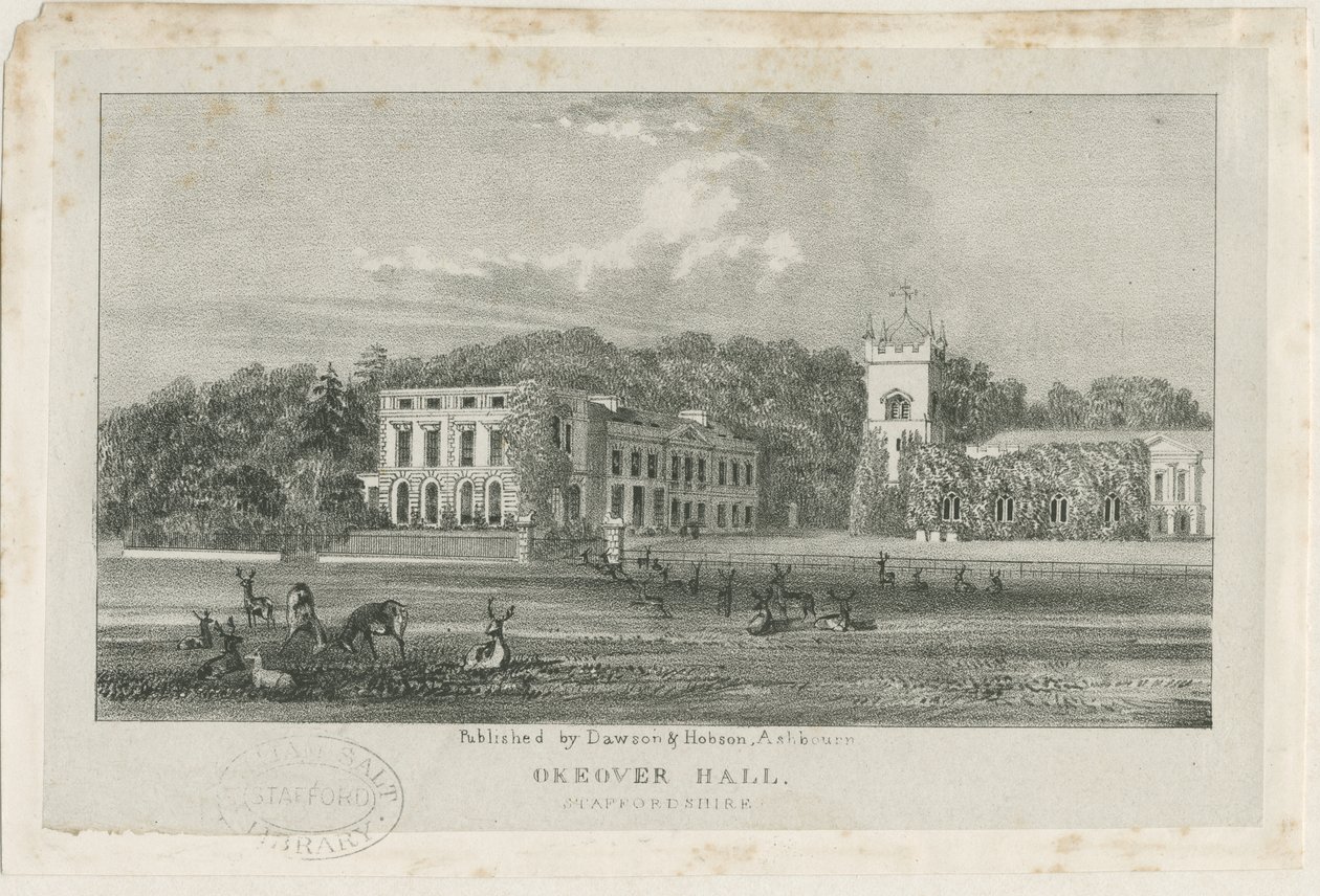 Okeover Hall - litografi, nd [c 1839] (baskı) by School English