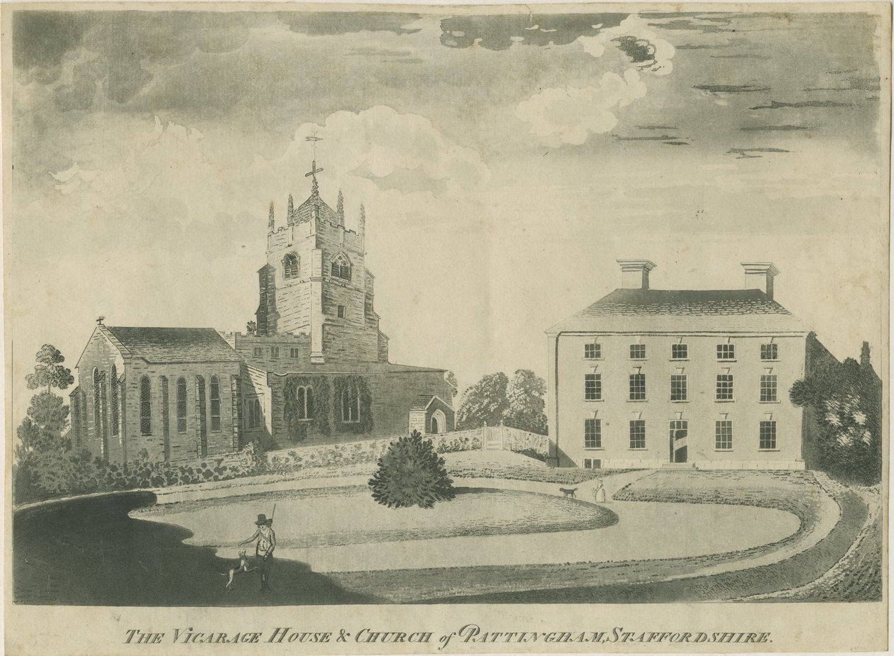 Pattingham Kilisesi ve Papaz Evi: aquatint gravür, nd [? 18. yüzyılın sonu] (baskı) by School English