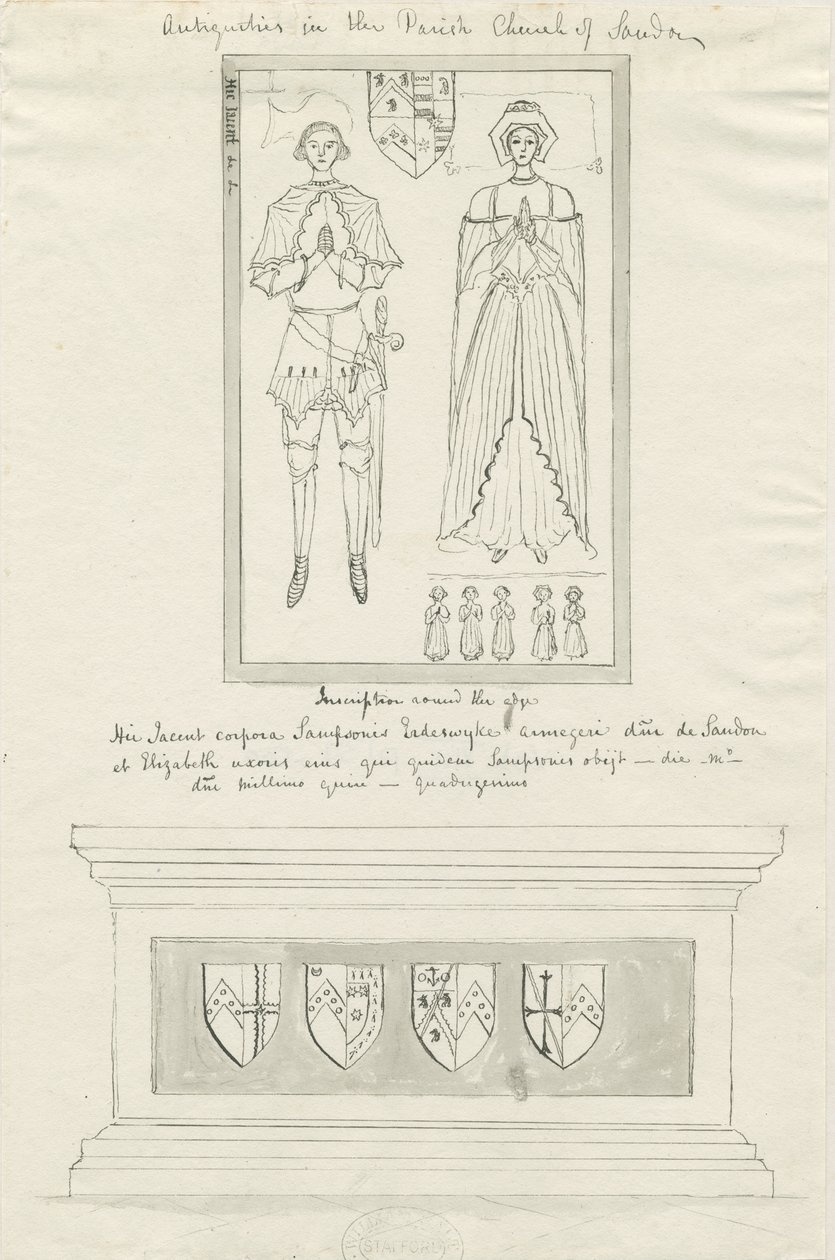 Sandon Kilisesi - Sampson Erdeswick ve Elizabeth Mezarı [Gri]: kalem ve mürekkeple çizim, nd [?18.yüzyıl] (çizim) by School English
