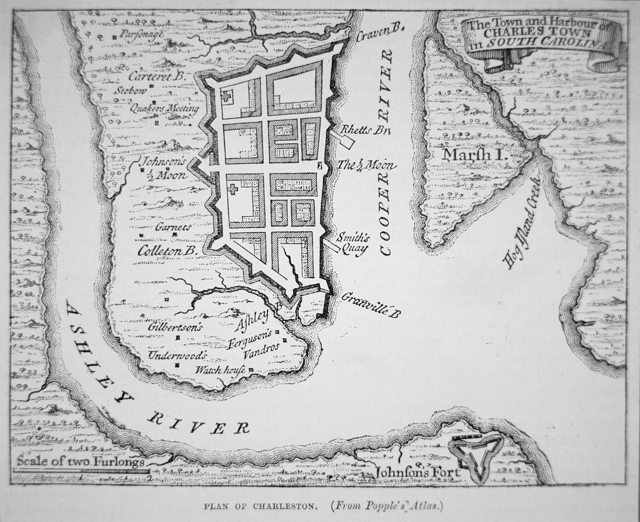 Charles Town Kasabası ve Limanı (Charleston), Güney Karolina (litografi) by School English