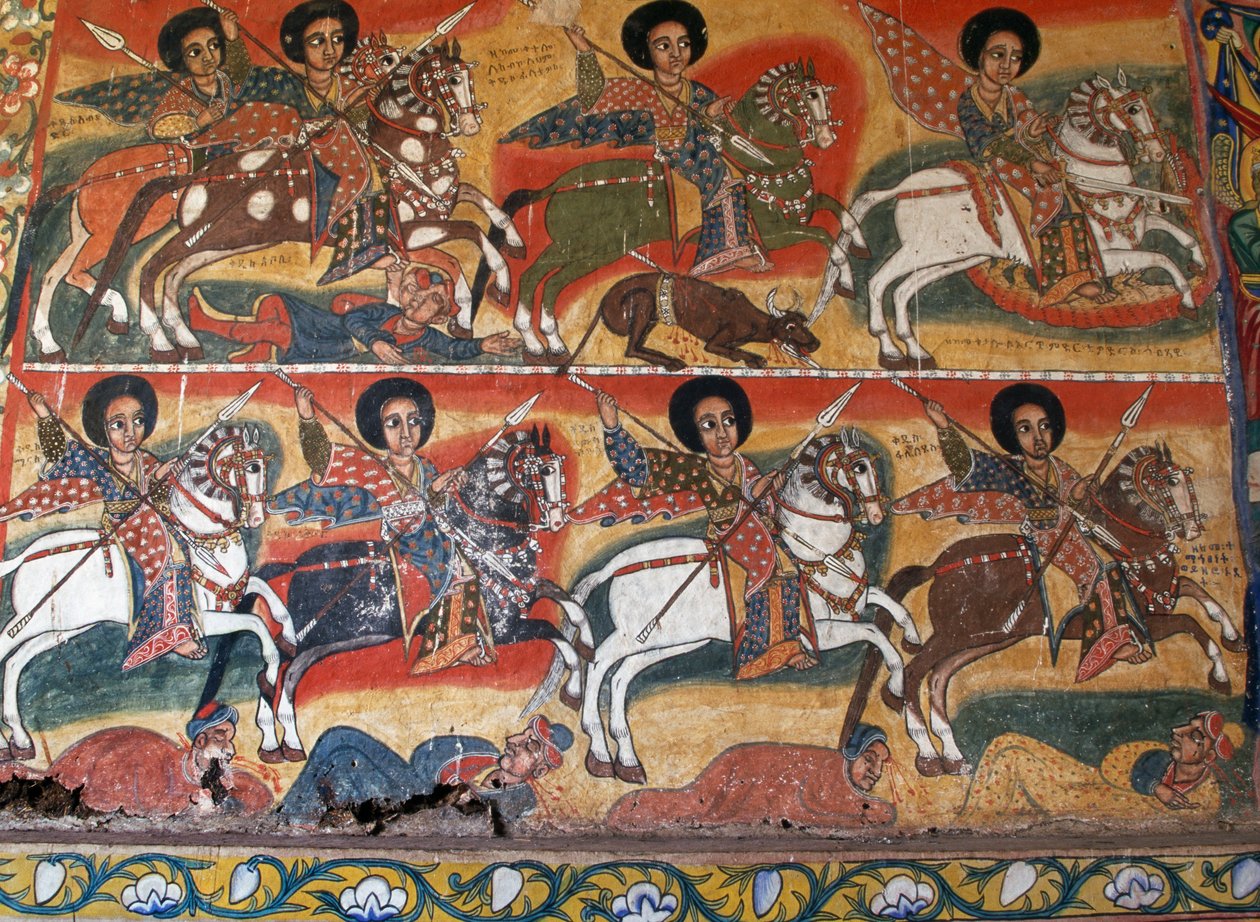Mızraklı şövalyeler, Ura Kidane Meret Manastırı (17. yüzyıl), Büyük Bahar Dar, Zege yarımadası, Etiyopya, Detay by School Ethiopian