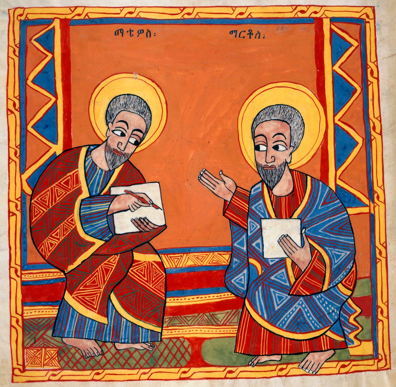 Veya. 481, f.125v "Octateuch, Four Gospels and Synodicion"dan (parşömen) Aziz Luka ve Aziz John Evanjelistlerin resmi by School Ethiopian
