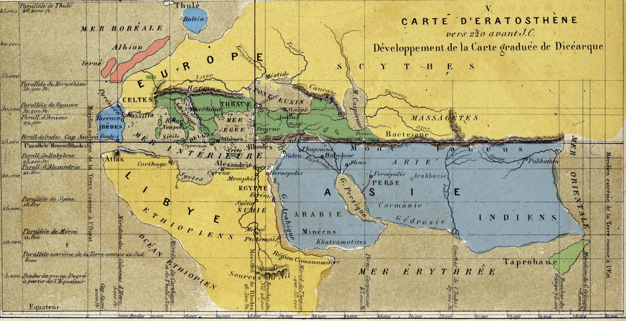 Eratosthene Haritası, Yunan astronom, MÖ 3. yüzyıldan coğrafyacı. JC. 220 M.Ö. JC by School French