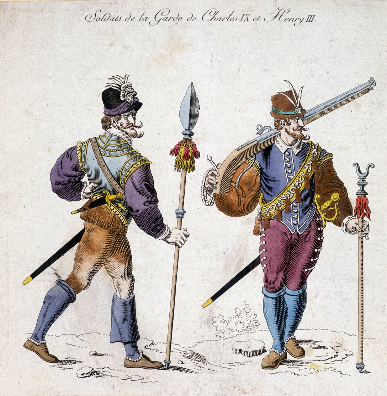 Charles IX (1550-1574) ve Henry III (1574-1589) muhafızlarının askerlerinin kostümleri. by School French