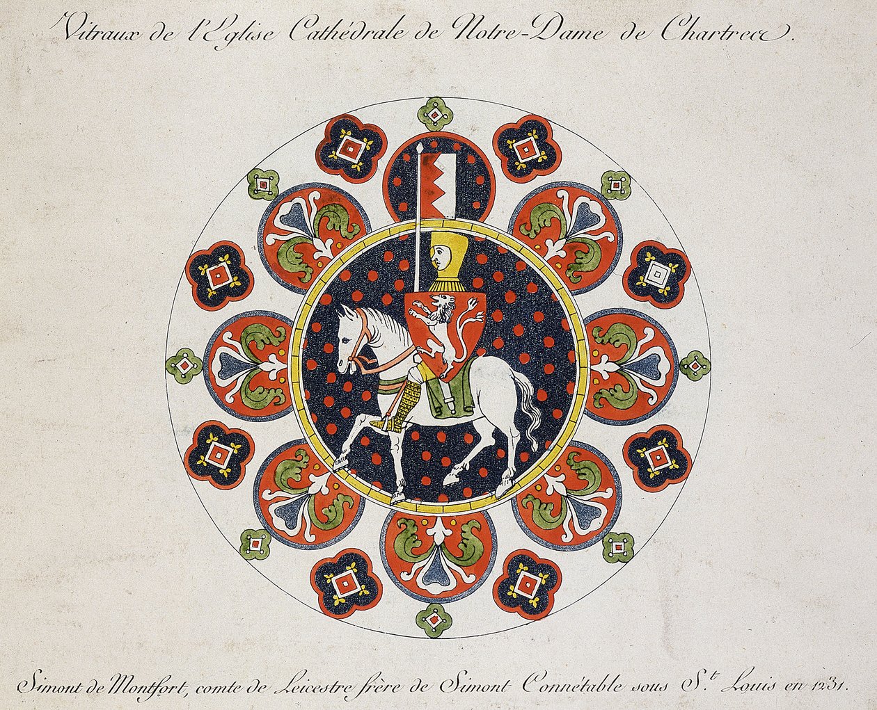 Chartres'daki gül penceresinin çizimi: Simon de Montfort (renkli taş) by School French
