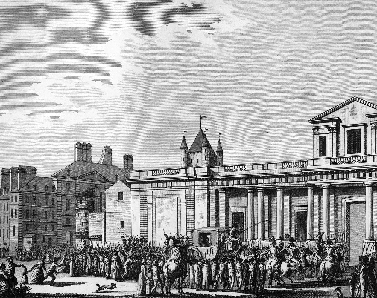 Fransız Devrimi: Kraliyet ailesinin (Louis XVI, Marie Antoinette, yunus Louis Charles de France veya Louis XVII ve “Madame Royale” olarak bilinen Marie Therese) 13 Ağustos'ta Paris'teki Tapınak hapishanesine transferi by School French