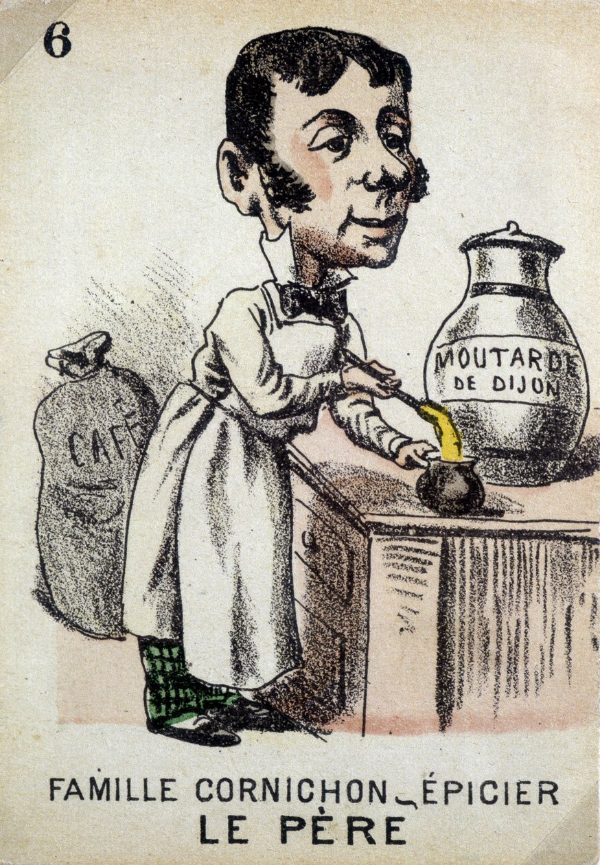 Yedi Ailenin Oyunu: Ailenin Babası Cornichon-bakkal Dijon hardalı hazırlıyor. Jouier Kart Müzesi, Issy-les-Moulineaux. by School French