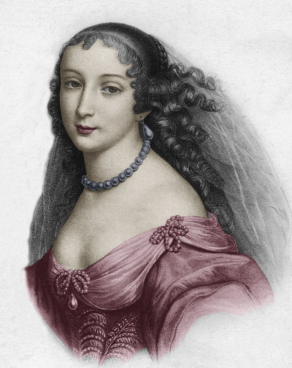 Marguerite Hessein, Madame de la Sabliere (renkli gravür) by School French