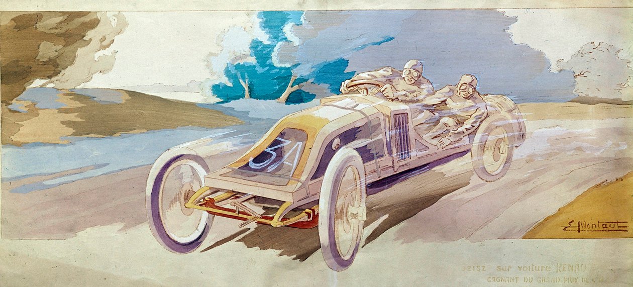Motor yarışları: bir yarış arabası “” Bir Renault otomobilinde Beisz ”” E. Montre, Litografi, Ulusal Sanat ve El Sanatları Konservatuarı, Paris by School French