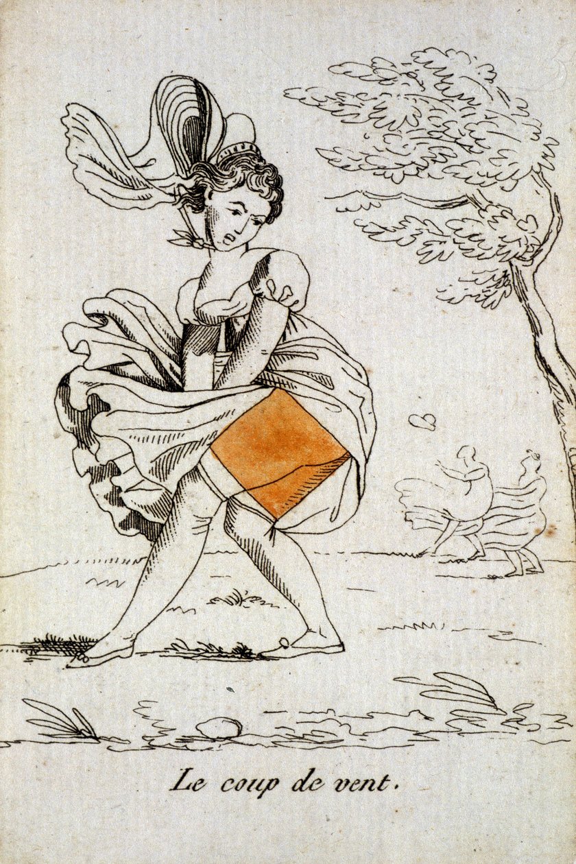 Oynamak için eski kart: elmas ası - bir kadının eteğini kaldıran “” Rüzgar esintisi”””. Musée de la Carte à Joucher, Issy-les-Moulineaux. by School French