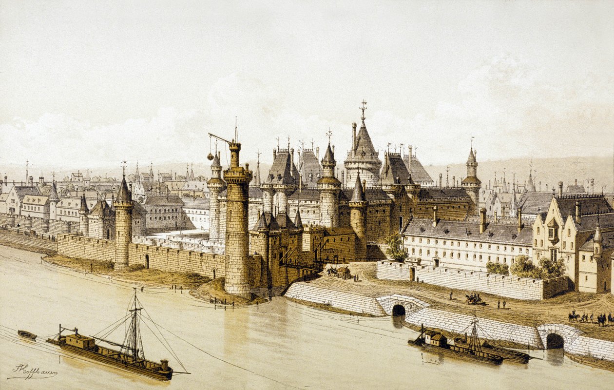 Kral Charles V (renkli gravür) döneminde Louvre Sarayı by School French
