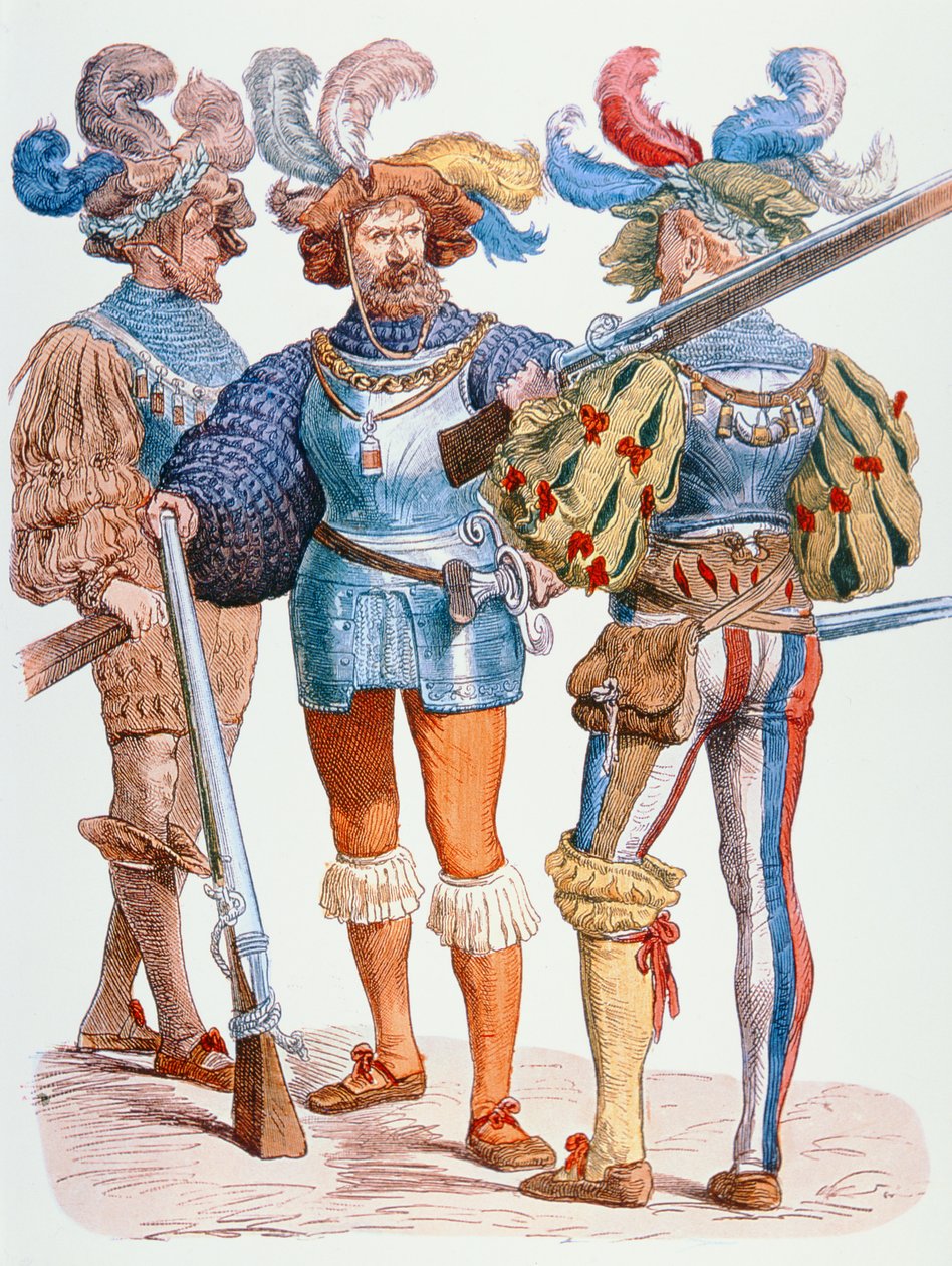 Kibritli tüfeklerle donanmış 16. yüzyıl Alman askerleri (renkli gravür) by School German