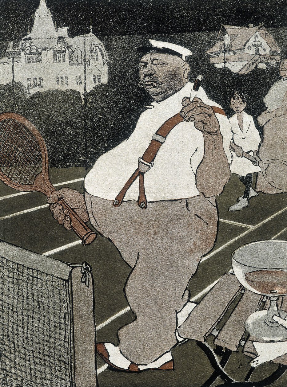 Tenis: şişman adam, sigara ve alkol, tenis oynamak - Alman çizgi filmi by School German