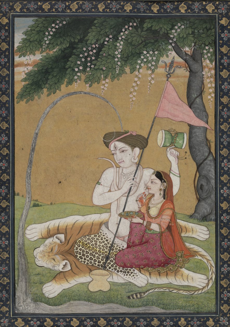 Kaplan Derisi üzerinde Shiva ve Parvati, c.1800 (altın ve gümüş ile suluboya) by School Guler