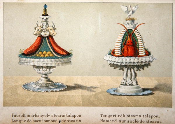 Stearin yatağında öküz dilinin sunumu ve ıstakoz için tasarım, Fransız yemekleri üzerine bir Macar yemek kitabından illüstrasyon, c.1880 (renkli taş) by School Hungarian