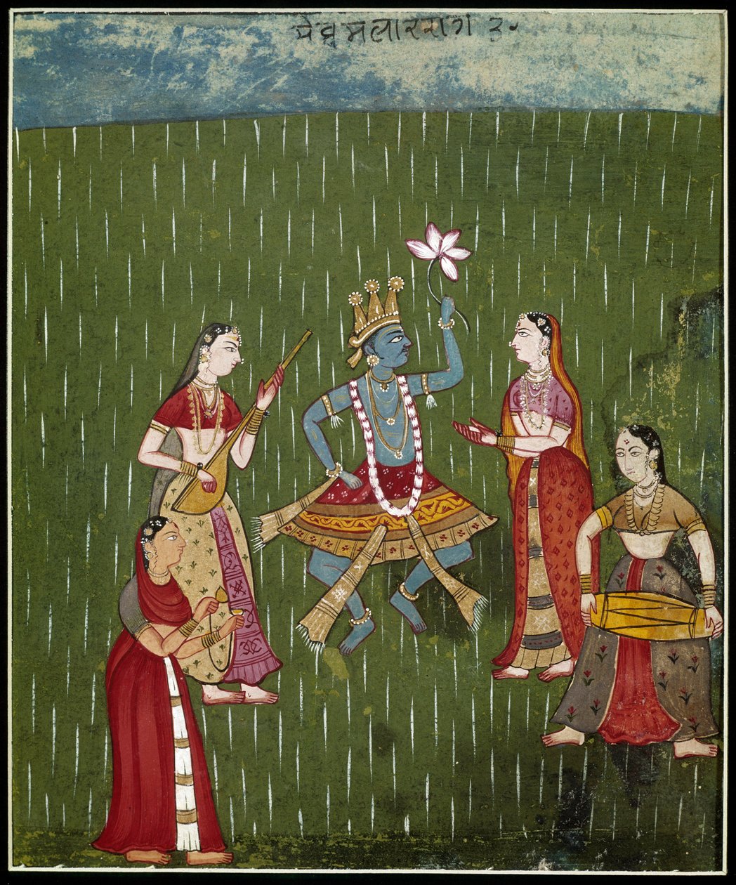 Yağmurda müzisyenlerle dans eden tanrıça krishna (Minyatür) by School Indian