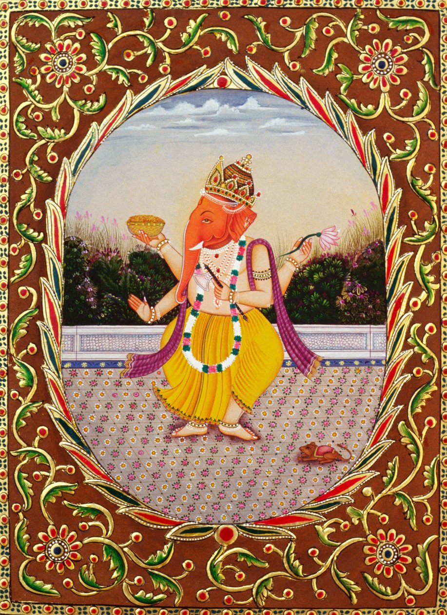 Lord Ganesha Ganpati Nakışlı Kağıt Üzerine Minyatür Resim by School Indian