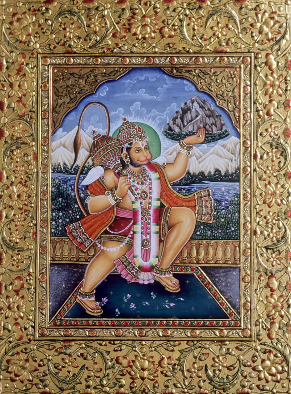 Lord Hanuman Altın Nakışlı Kağıt Üzerine Minyatür Tablo by School Indian