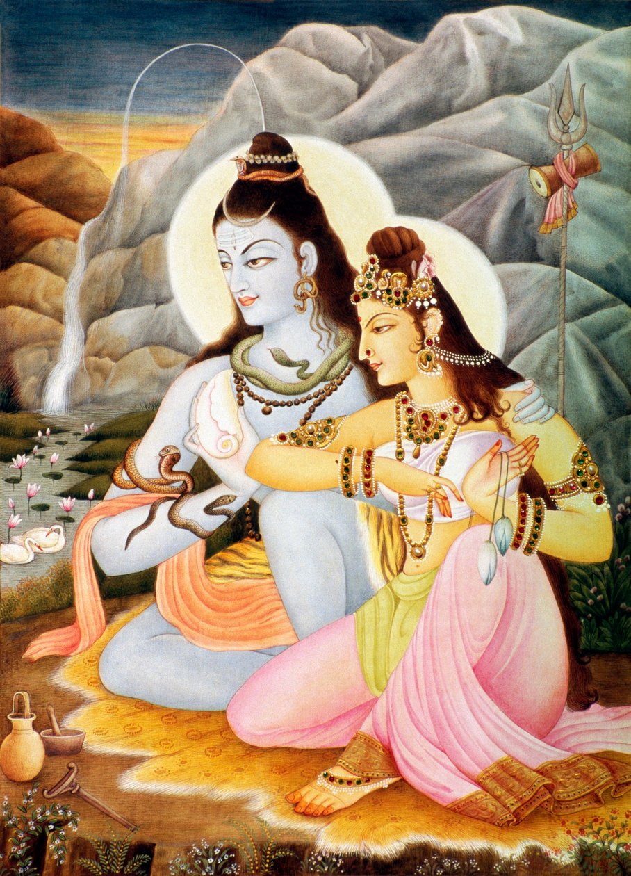 Lord Shiva Shanker Parvati Kağıt Üzerine Minyatür Resim by School Indian