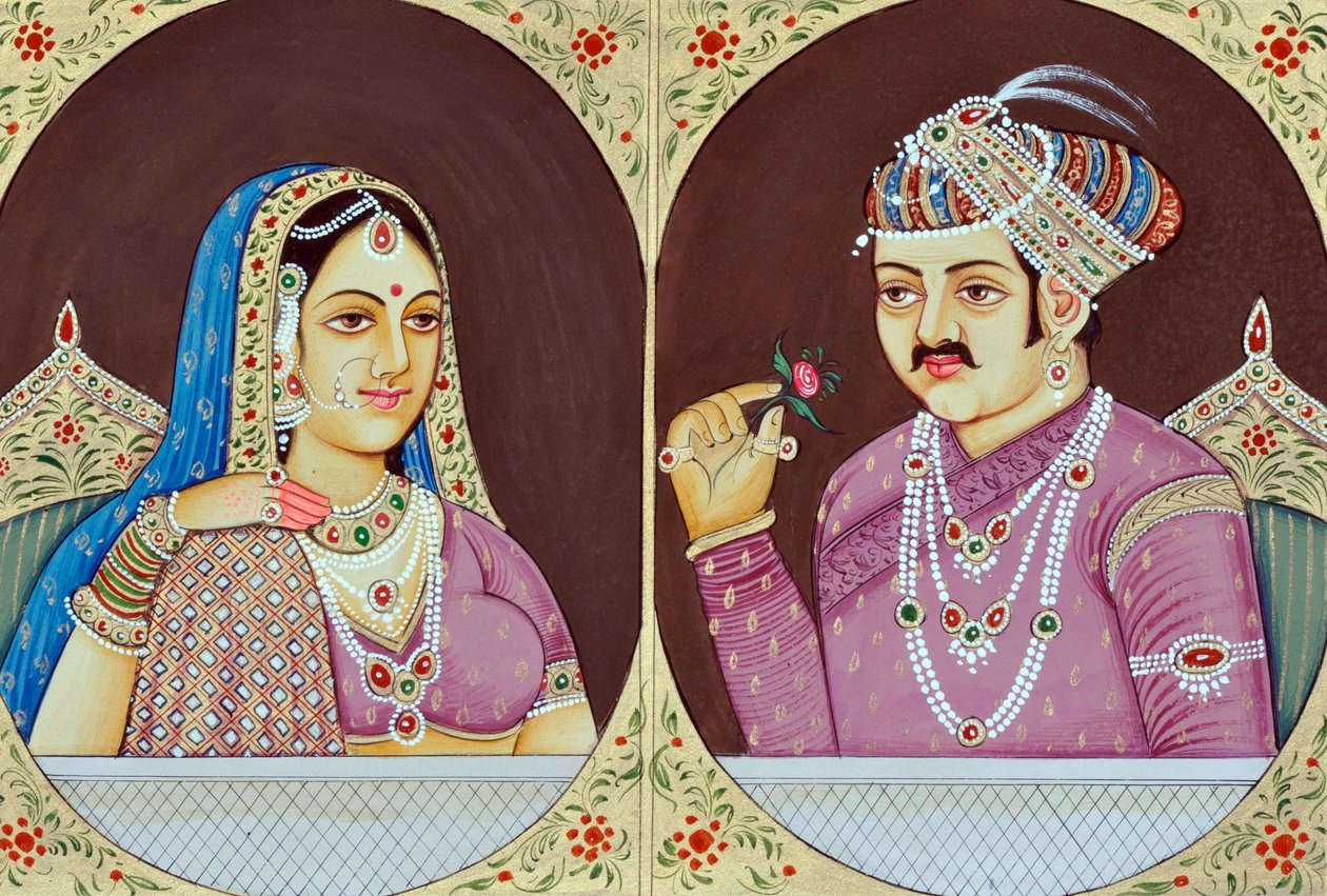 Akbar ve Jodha Bai#39;nin Minyatür Tablosu Hindistan Asya by School Indian