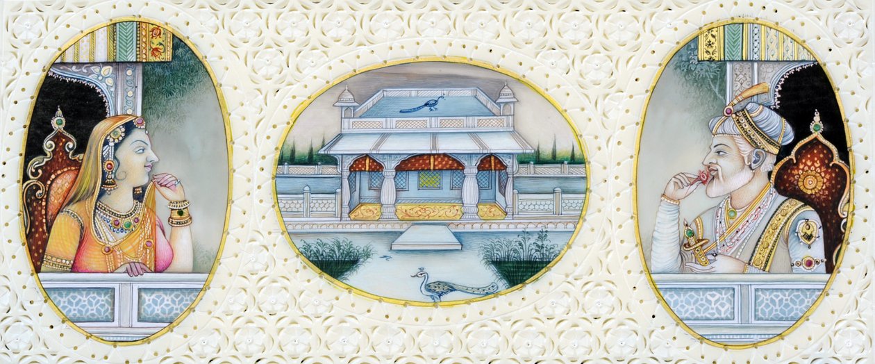 Babür İmparatoru Aurangzeb#39;in Karısı Mehrunnisa ile Minyatür Tablosu by School Indian