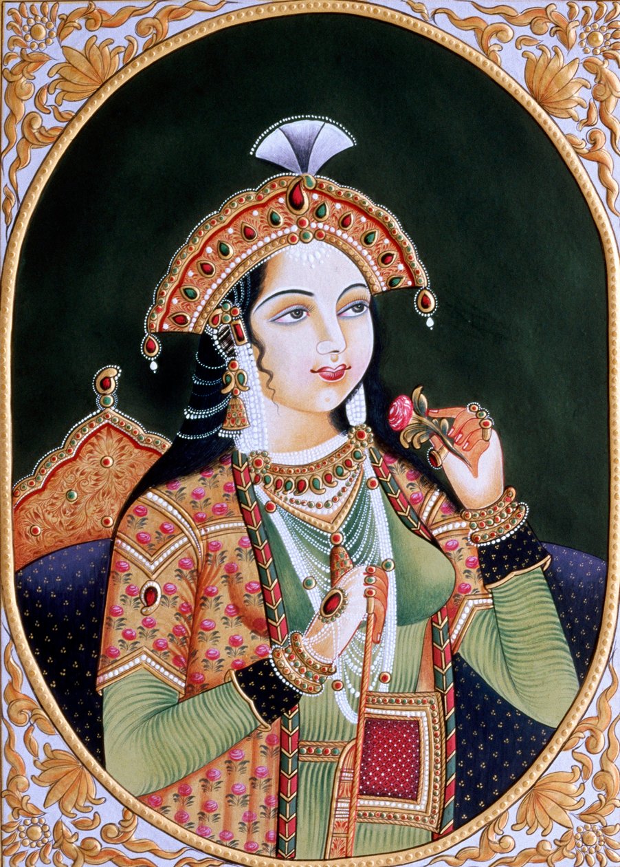 Babür İmparatoru Şah Cihan#39;ın Karısı Prenses Mümtaz Mahal#39;in Kağıt Üzerine Minyatür Tablosu by School Indian