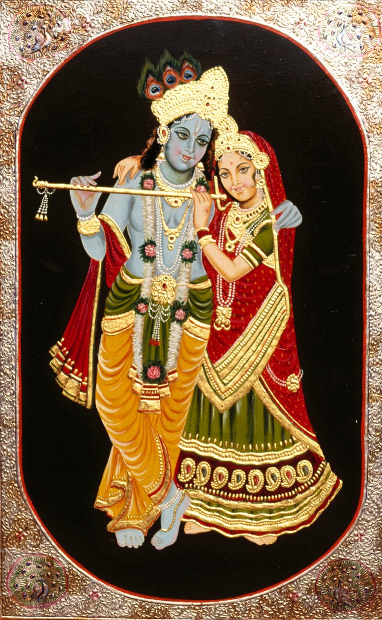 Tanrı Krishna ve Onun En Büyük Adanmışı Radha#39;nın Tablosu, Hindistan by School Indian