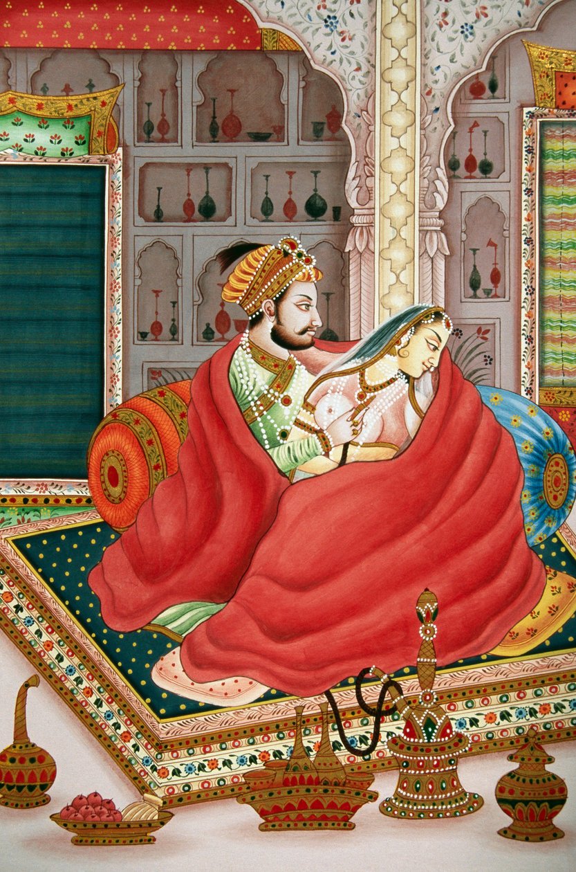 Babür İmparatoru ile Karısının Aşk Sahnesi Tablosu, Hindistan by School Indian
