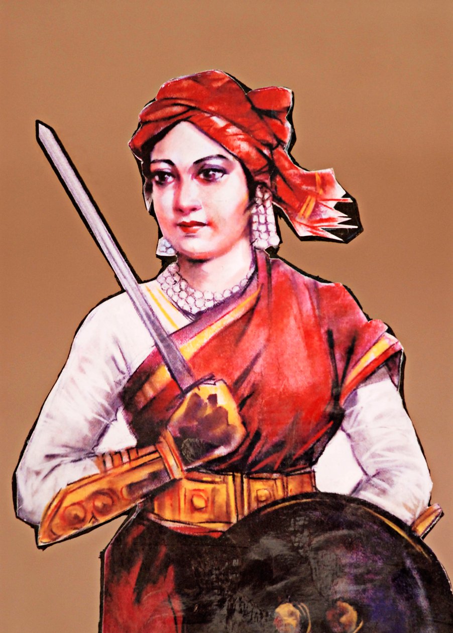Hindistan#39;ın ilk Bağımsızlık Savaşı Hint İsyanı 1857-58#39;in büyük özgürlük savaşçısı Jhansi Kraliçesi Rani Laxmibai#39;nin portresi (renkli litho) by School Indian