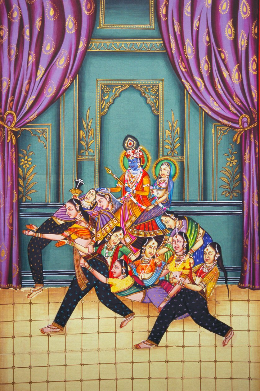 Radha Krishna Sakhis#39;in Kağıt Üzerine Minyatür Tablosu ile by School Indian
