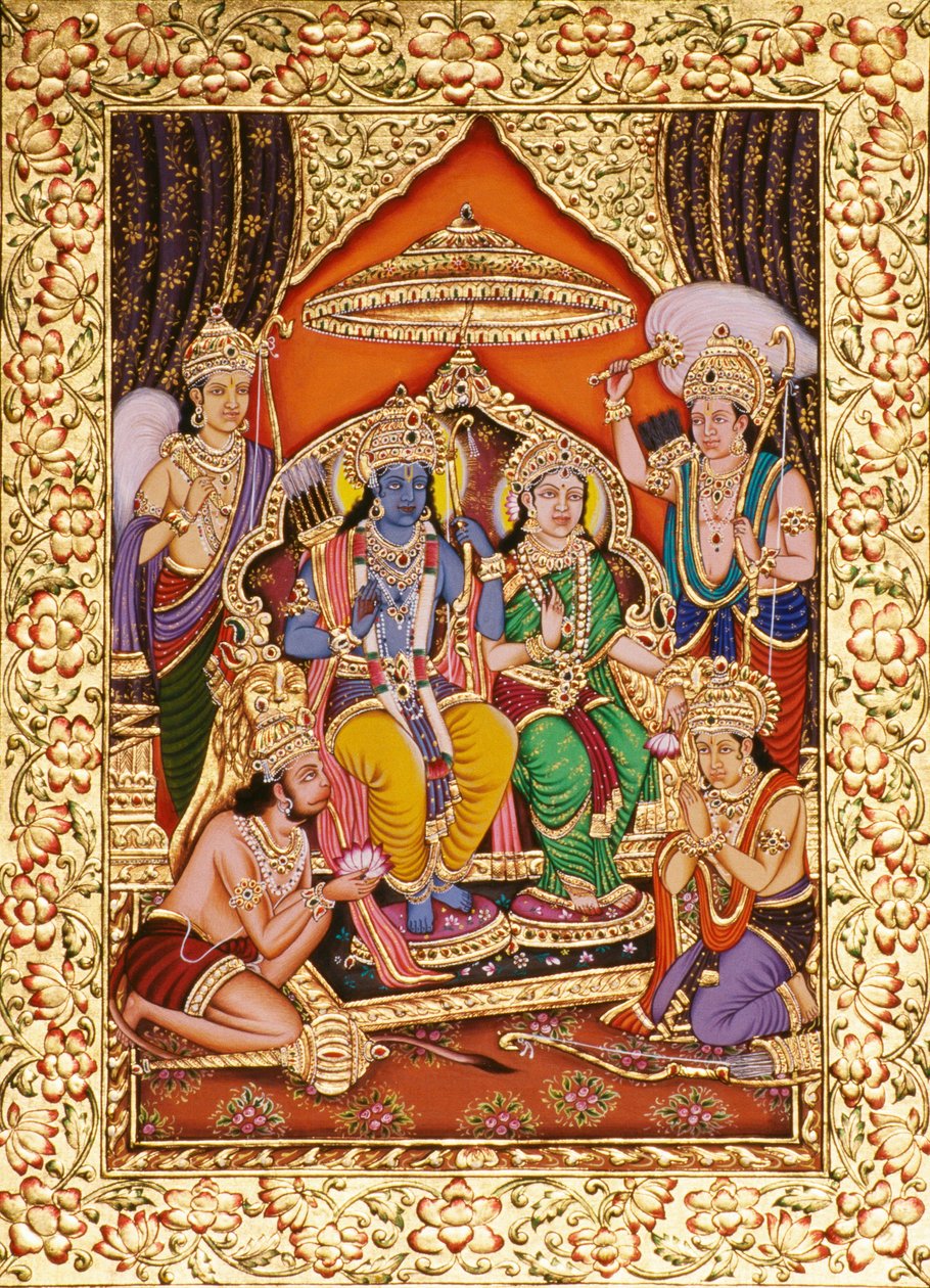 Altın Kabartmalı Kağıt Üzerine Minyatür Resimde Ram Darbar by School Indian