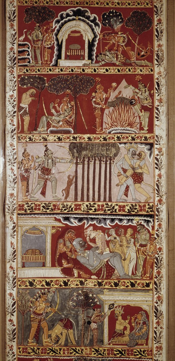 Ramayana sahneleri, 6. yüzyılda Valmiki tarafından bestelenen ve Rama efsanesini anlatan destansı şiir. Batı Bengal.Victori & Albert Kütüphanesi. Londra by School Indian