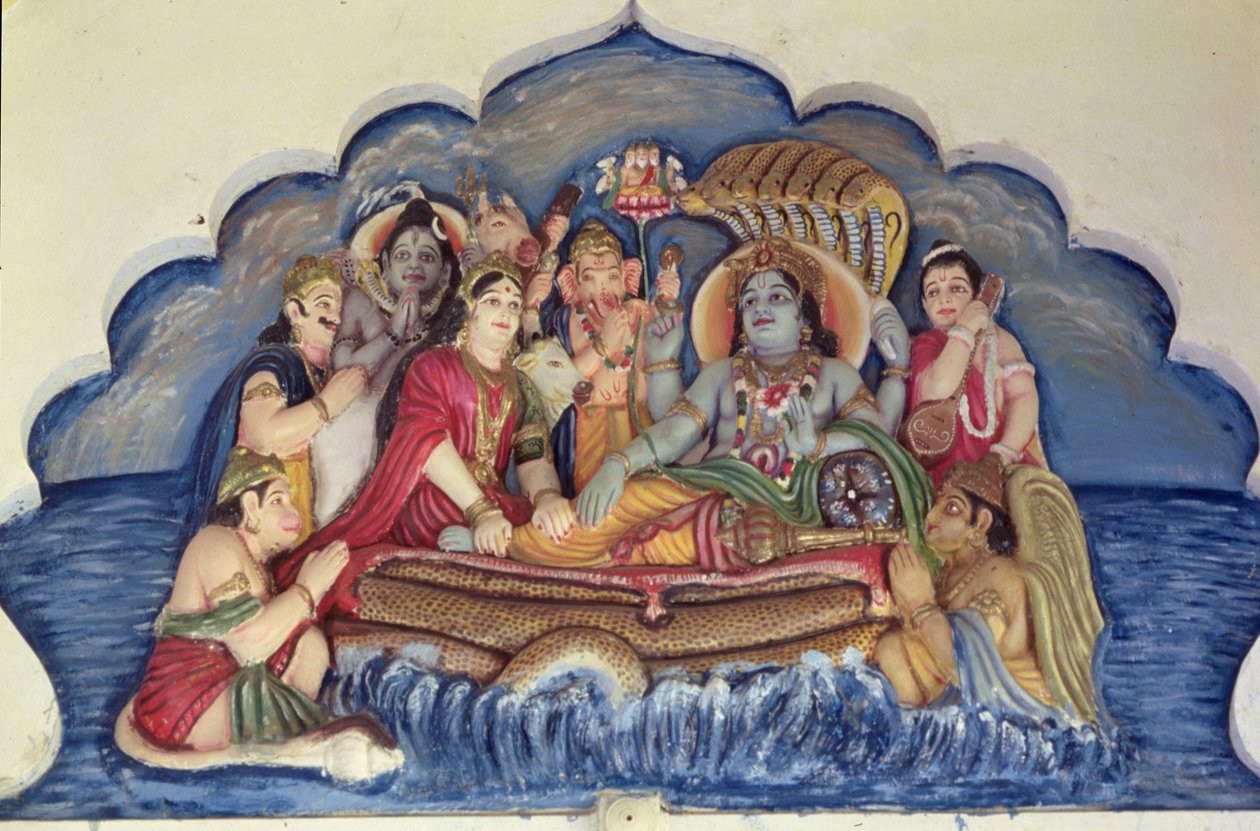 Vishnu Narayana, Sheshanaga üzerinde yüzüyor (boyalı kabartma) by School Indian