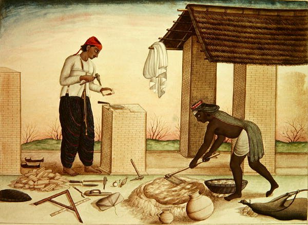 Ev İnşa Eden İşçiler (kalem ve mürekkep ve kağıt üzerine sulu boya) by School Indian