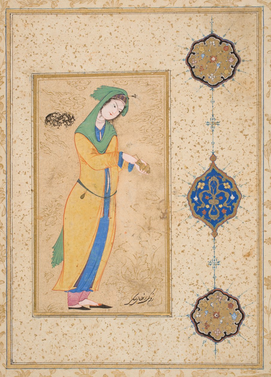 Bahçede duran Houri (kağıt üzerine opak sulu boya) by School Iranian