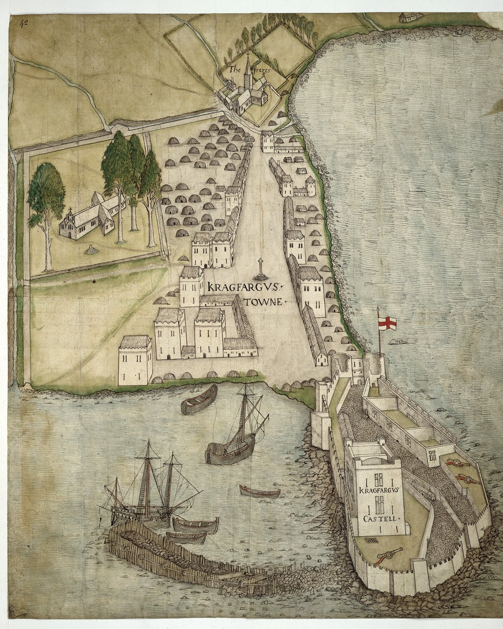 Carrickfergus Kalesi ve Kasabası, İrlanda, c.1560 (kalem ve mürekkep ve kağıt üzerine suluboya) by School Irish