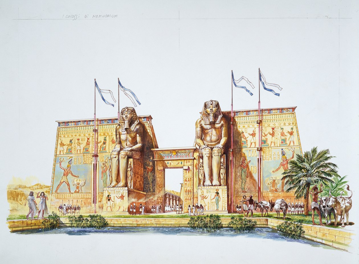 Antik Teb - II. Ramses zamanında Memnon Heykeli olarak bilinen III. Amemhotep heykellerinin rekonstrüksiyonu (renkli taş) by School Italian