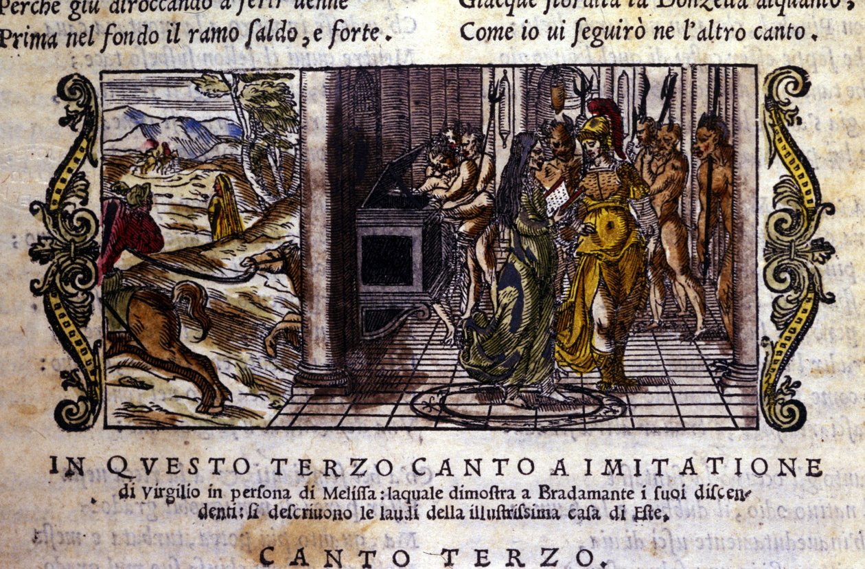 Bradamante, Este hanedanını kendisinin ve Roger'ın (Ruggero, Ruggiero) kurduğunu söyleyen sihirbaz Melisse ile tanışır, Ludovico Ariosto'nun (1474 - 1533) şövalye şiiri “Orlando Furioso”nun (Öfkeli Roland) sahnesi L'Arioste'den alınmıştır.  by School Italian