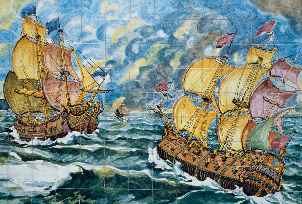 İki yelkenli gemiyi gösteren seramik panel, Vietri sul Mare üretimi, Campania, İtalya, Detay by School Italian