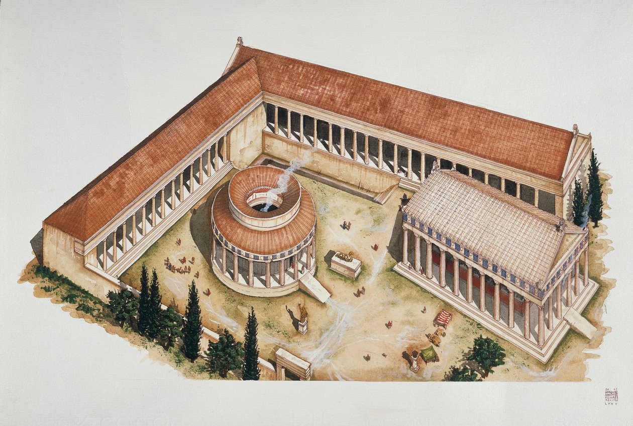 Tören dairesel tholos ve Asklepios tapınağı, Epidaurus, MÖ 4. yy (renkli taş) by School Italian