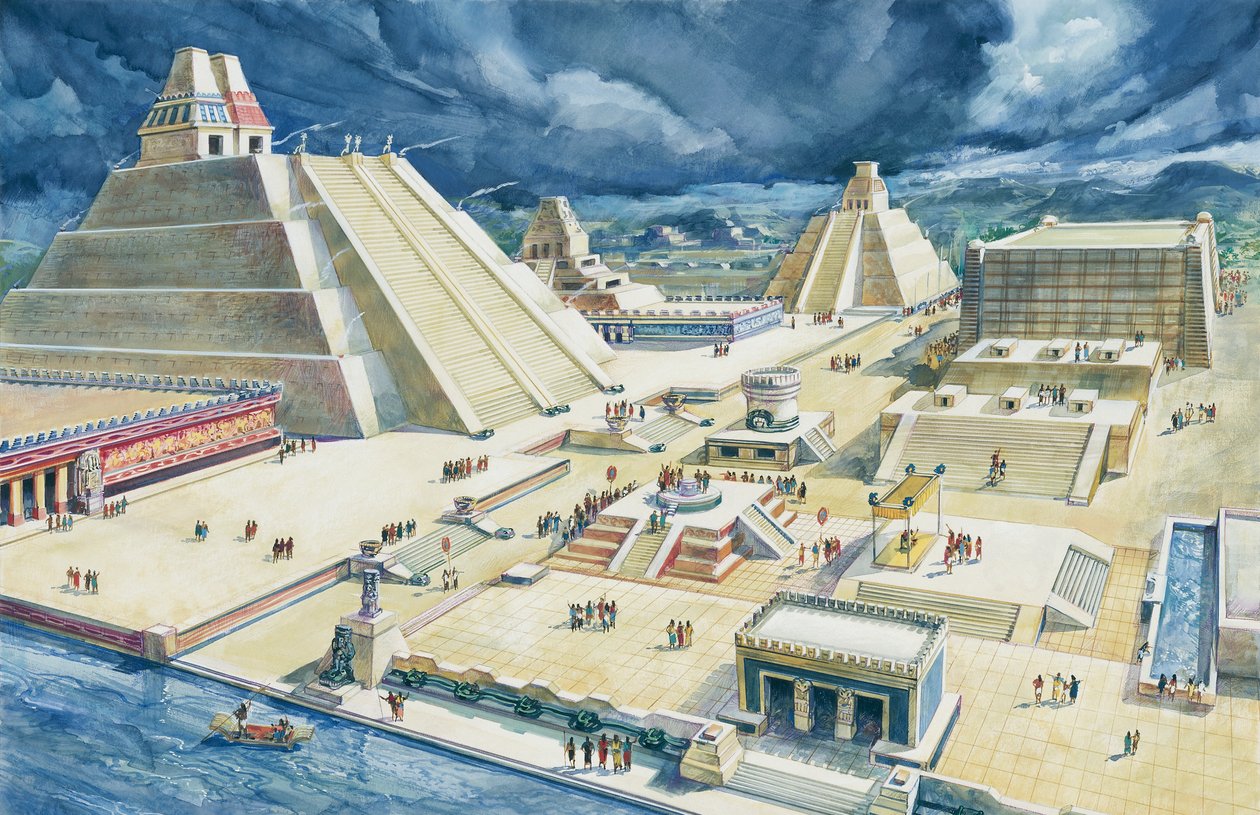 Piramitlerin üzerindeki bulutlar, Templo Mayor, Tenochtitlan, Mexico City, Meksika (renkli taş) by School Italian
