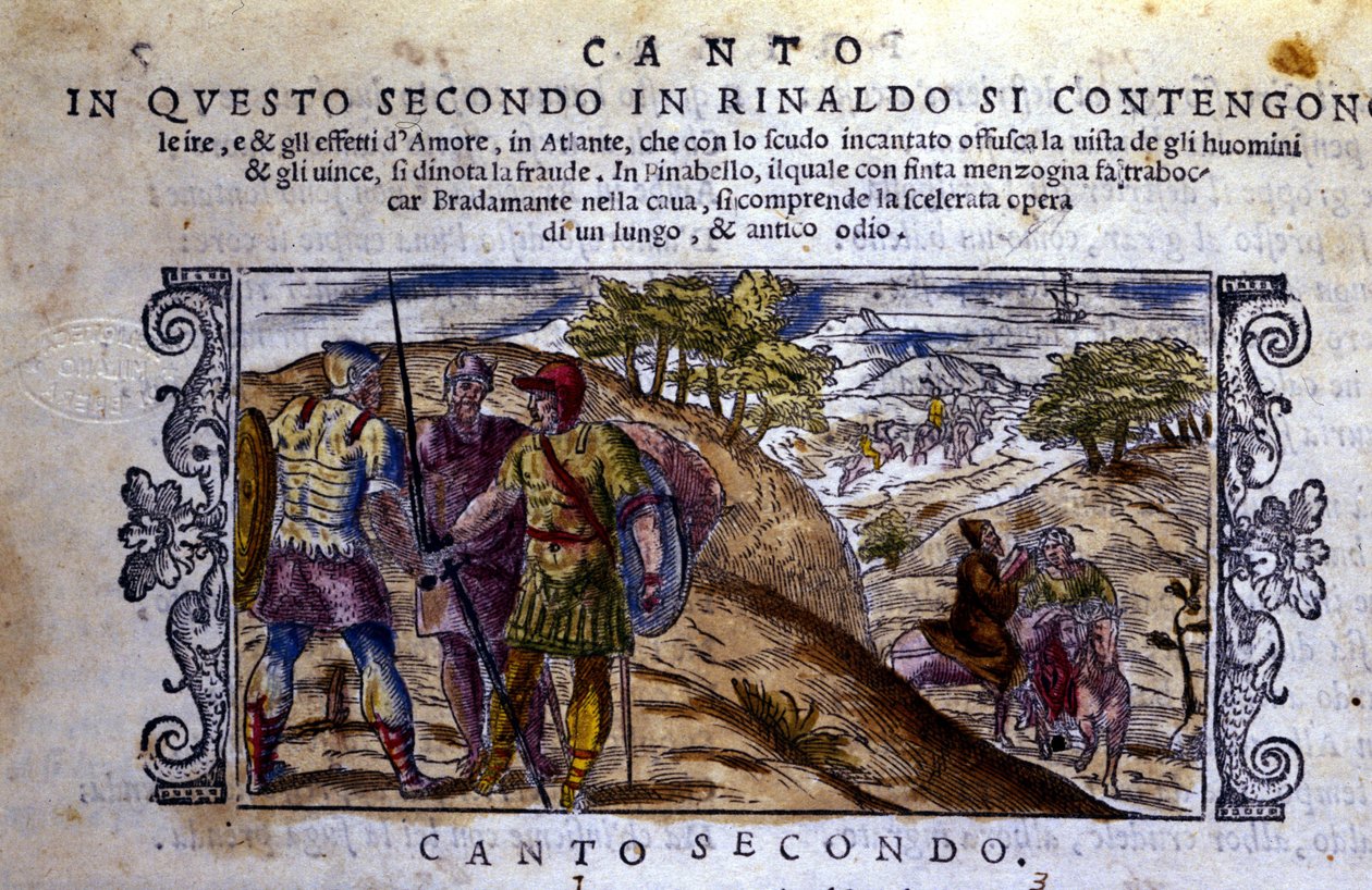 Sağda Angelique (Angelica), Bayard atı için Renaud (Rinaldo) ve Sacripant (Sacripante) arasındaki savaşı durduracak bir keşişle tanışır - Ludovico Ariosto