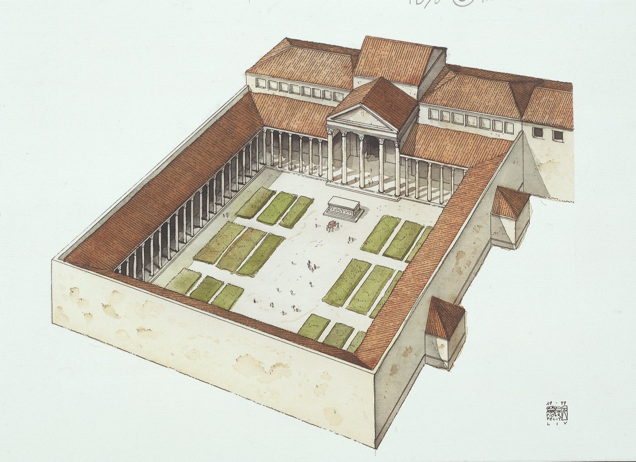 Titus Flavius Vespasianus (renkli taş) tarafından inşa edilen yeniden yapılandırılmış Forum by School Italian