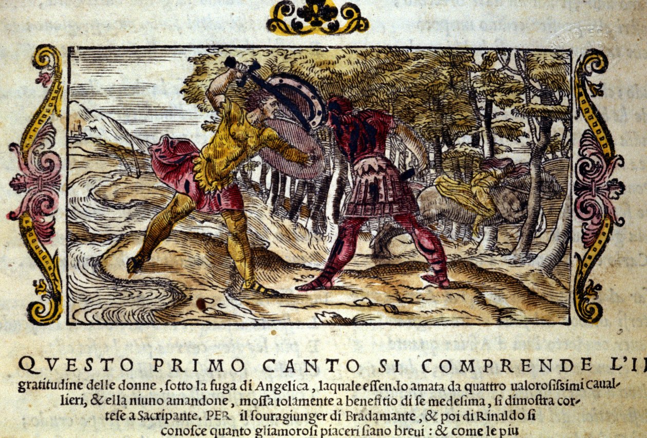 Her ikisi de güzel Angelica'ya (Angelica) aşık olan Ferragus, karabuğday ve Renaud (Rinaldo) arasındaki kavganın temsili, Ludovico Ariosto'nun (1474-1533) "Orlando Furioso"nun (Öfkeli Roland) şövalye şiirinden alınan sahne L'Ario olar by School Italian