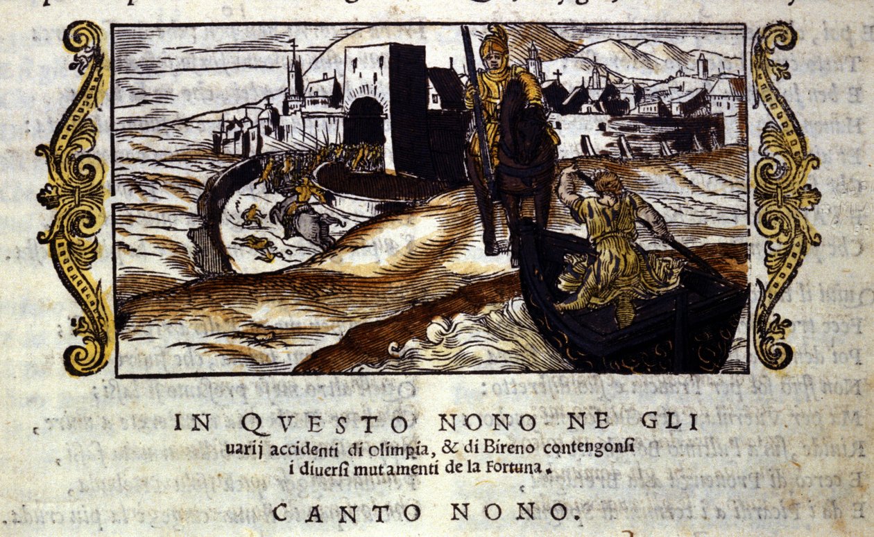 Roland, Olympia'nın imdadına yetişir. Ludovico Ariosto'nun (1474 - 1533) L'Arioste olarak bilinen “Orlando Furioso”nun (Öfkeli Roland) şövalye şiirinden bir sahne. Şarkı söylemek IX. by School Italian