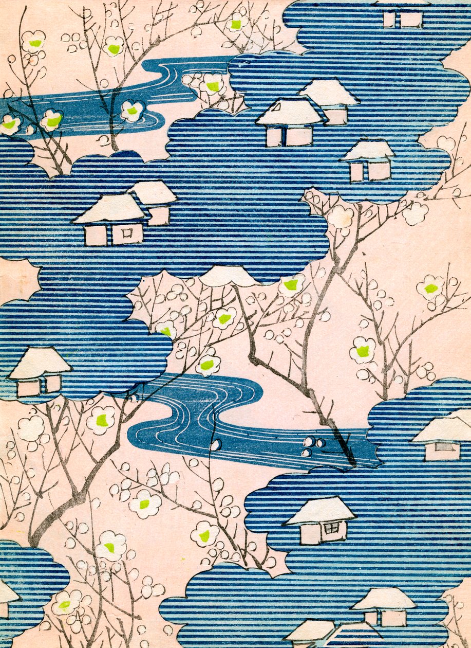 Bir Kimono Tasarımı için Desen: Nehirler ve kiraz çiçekleri olan kulübeler, yaklaşık 1900 (renkli tahta baskı) by School Japanese