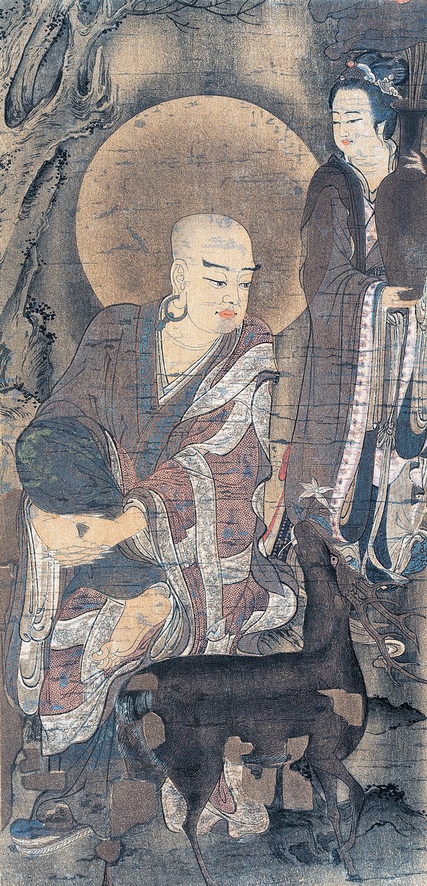 Genç keşişi geyikle betimleyen dini resim, ipek üzerine resim, Japon uygarlığı, Heian dönemi, 794-1185 by School Japanese