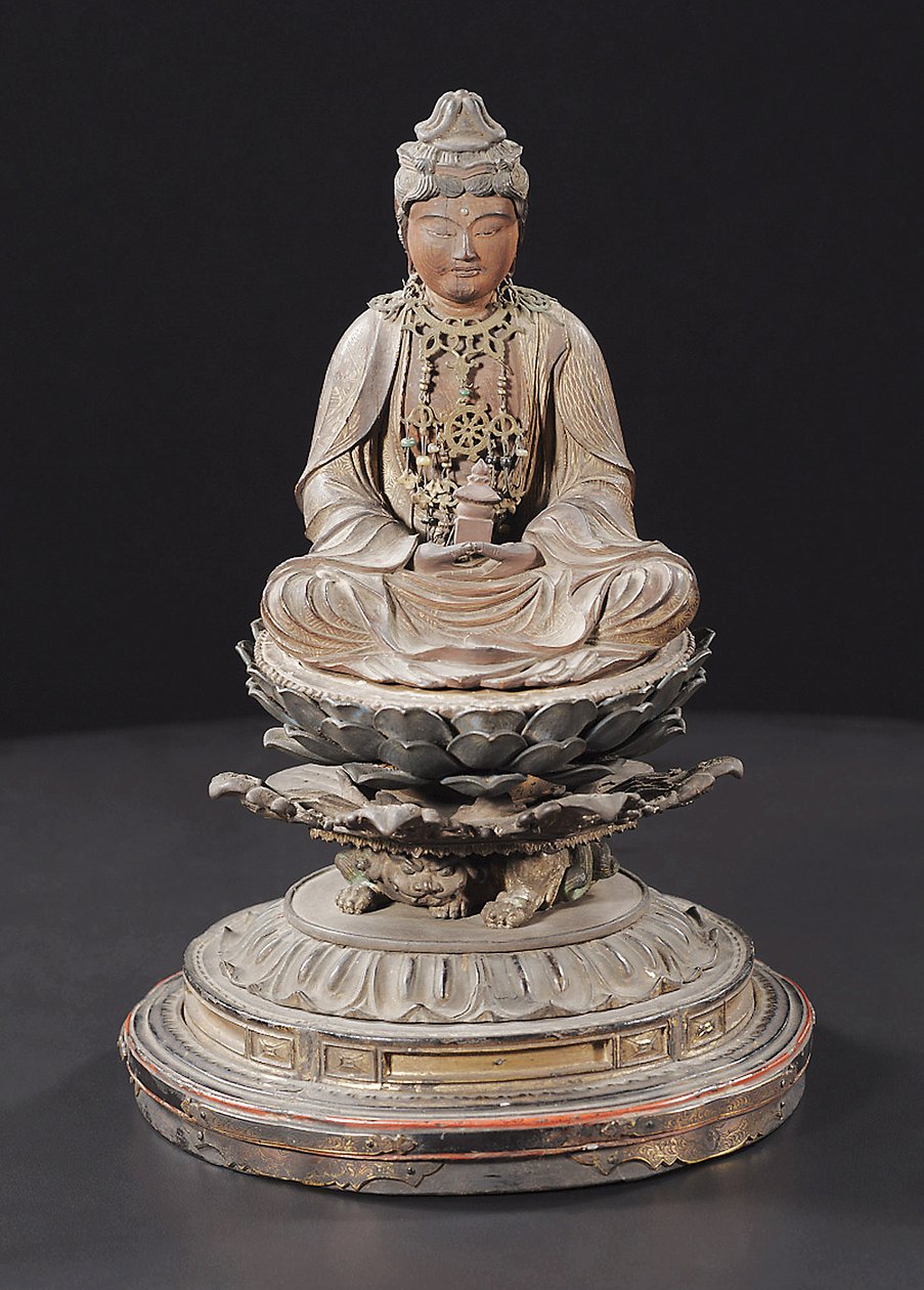 Oturan Miroku Bosatsu, Kamakura Dönemi (ahşap, metal, altın varak, pigment ve kaya kristali) by Japanese School