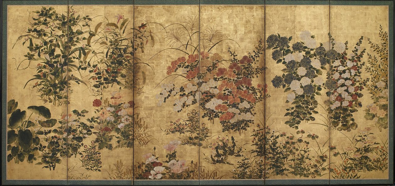 Yaz ve sonbahar çiçekleri, Edo Dönemi (kağıt üzerine altın rengi) by Japanese School