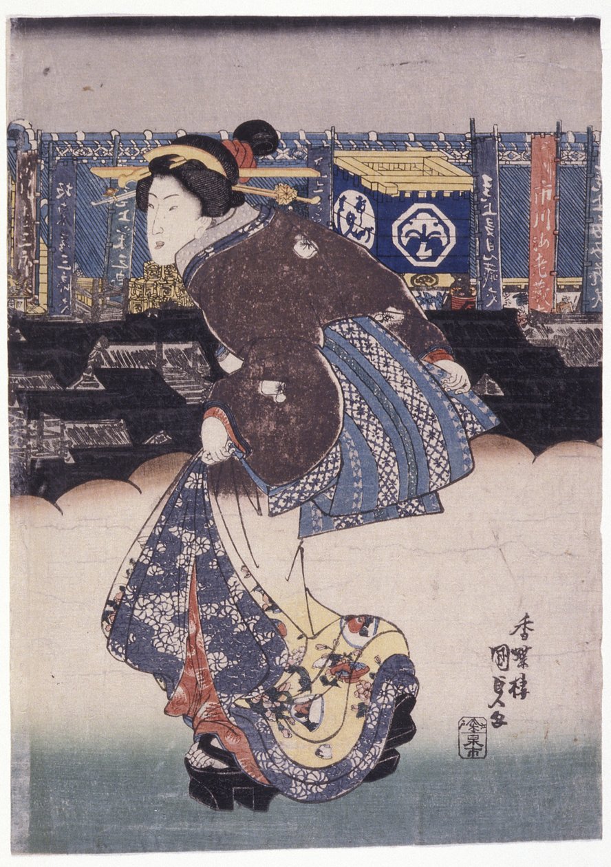 Kadın; Arka Plandaki Afişlerdeki Oyuncuların İsimleri (renkli gravür) by School Japanese